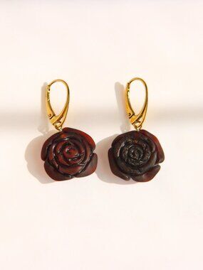 Baltic Black Amber Rose Dangle Earrings